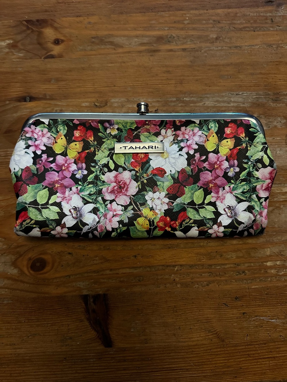 Tahari Women Double Frame Kisslock Wallet Clutch Floral Butterfly Botanical RFID